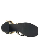 black and tan woven material platform block heel sandal with adjustable ankle strap bottom view