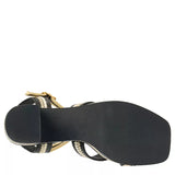 black and tan woven material platform block heel sandal with adjustable ankle strap bottom view