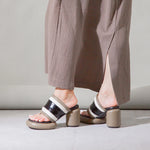 Brown, black, and white bubble modern backless heel sandal pair on model