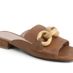brown leather mule open back low heel slip on slide shoe with decorative wooden detail close up