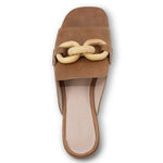 brown leather mule open back low heel slip on slide shoe with decorative wooden detail from top