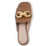 brown leather mule open back low heel slip on slide shoe with decorative wooden detail from top