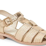 gold tone sandal with back and adjustable strap at ankle with buckle detail side profile