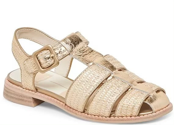 gold tone sandal with back and adjustable strap at ankle with buckle detail side profile