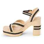 two tone raffia texture and black detailed heeled sandal with adjustable ankle strap inside profile
