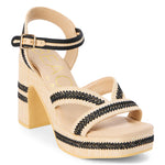 two tone raffia texture and black detailed heeled sandal with adjustable ankle strap front side profile