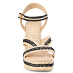 two tone raffia texture and black detailed heeled sandal with adjustable ankle strap front