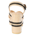 two tone raffia texture and black detailed heeled sandal with adjustable ankle strap back