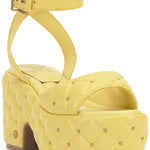 puffy leather chunky heel sandal with adjustable ankle strap in yellow side front