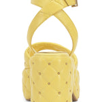 puffy leather chunky heel sandal with adjustable ankle strap in yellow from back