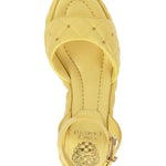 puffy leather chunky heel sandal with adjustable ankle strap in yellow from top