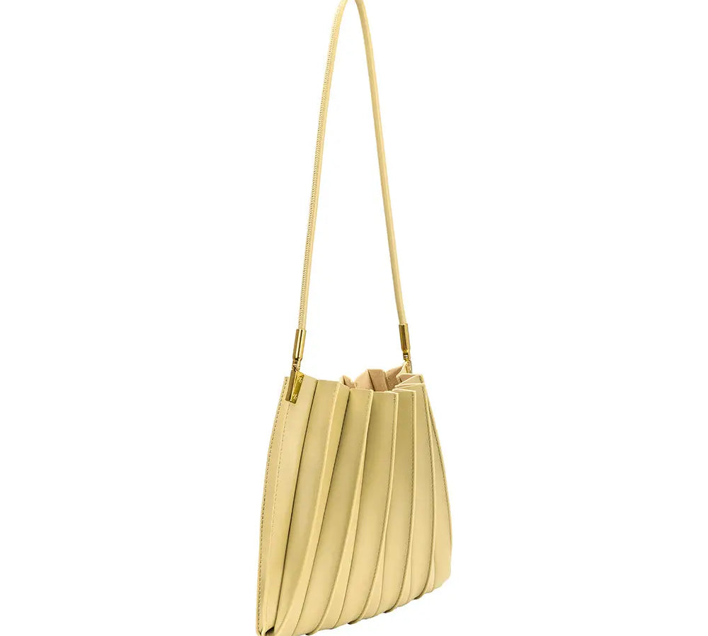 yellow pleated shoulder bag made of premium vegan leather side view