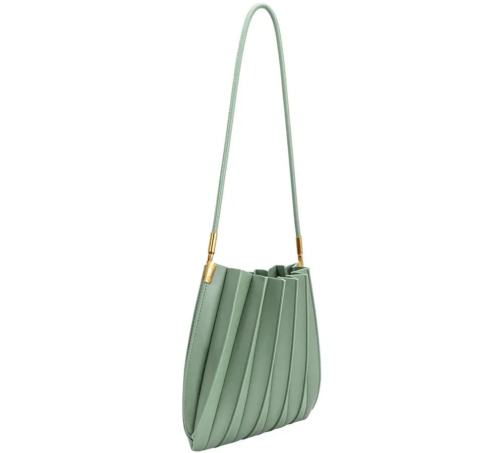 Green pleated shoulder bag with long strap made of premium vegan leather side view 