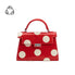 A red and white polka dot vegan leather handbag with a top handle
