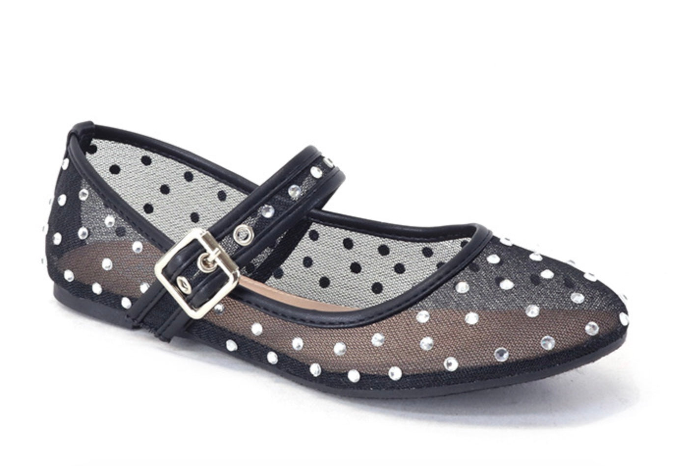 black  mesh flat buckle strap with rhinestone detail close up