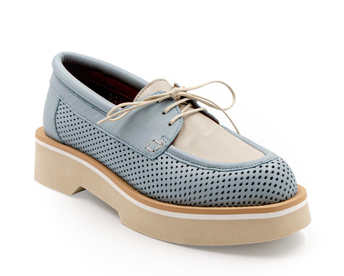 A blue and beige perforated leather Oxford shoe with a lace-up closure and a platform outsole.