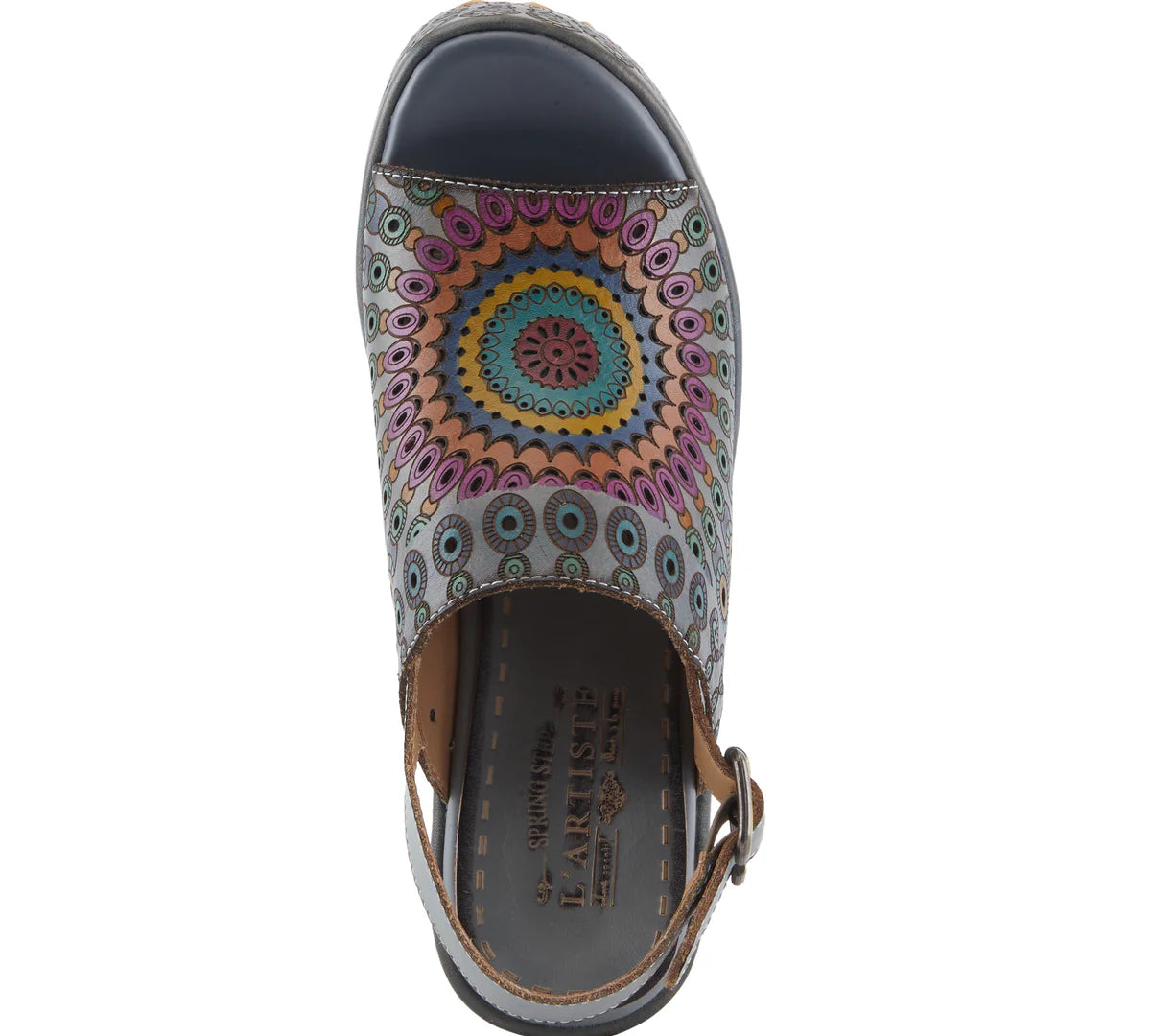 multi colored hand painted boho platform slingback sandal with adjustable strap top view