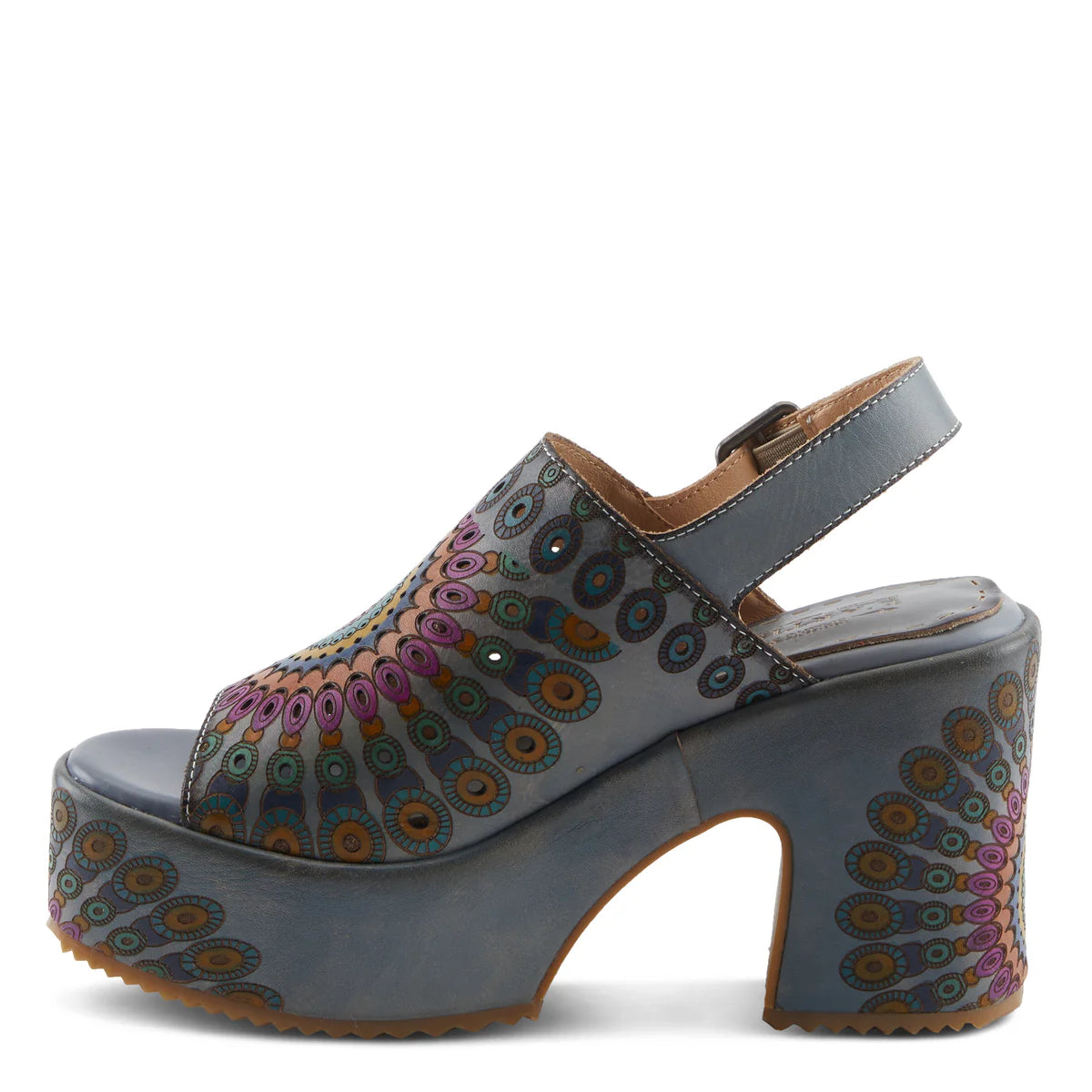 multi colored hand painted boho platform slingback sandal with adjustable strap side view