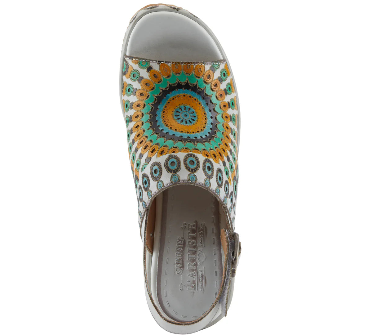 multi colored earth tones boho hand painted platform slingback sandal with adjustable strap front view