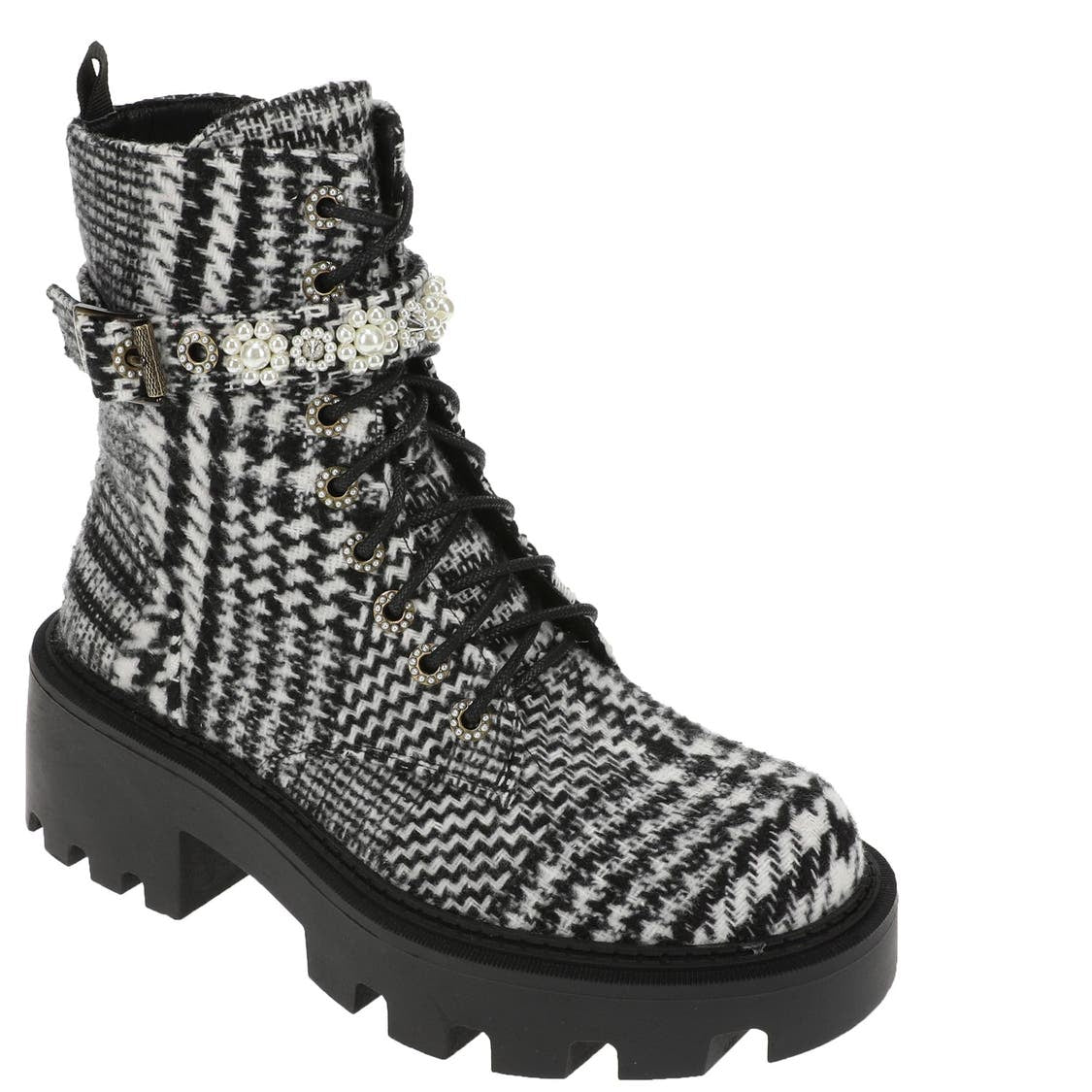 black and white houndstooth style design chunky heeled platform booth with pearl like embellishments on strap. Features side zipper and black shoe laces. Side top view