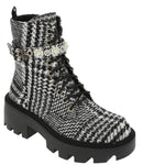 black and white houndstooth style design chunky heeled platform booth with pearl like embellishments on strap. Features side zipper and black shoe laces. Side top view