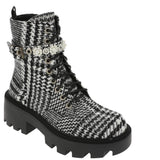 black and white houndstooth style design chunky heeled platform booth with pearl like embellishments on strap. Features side zipper and black shoe laces. Side top view