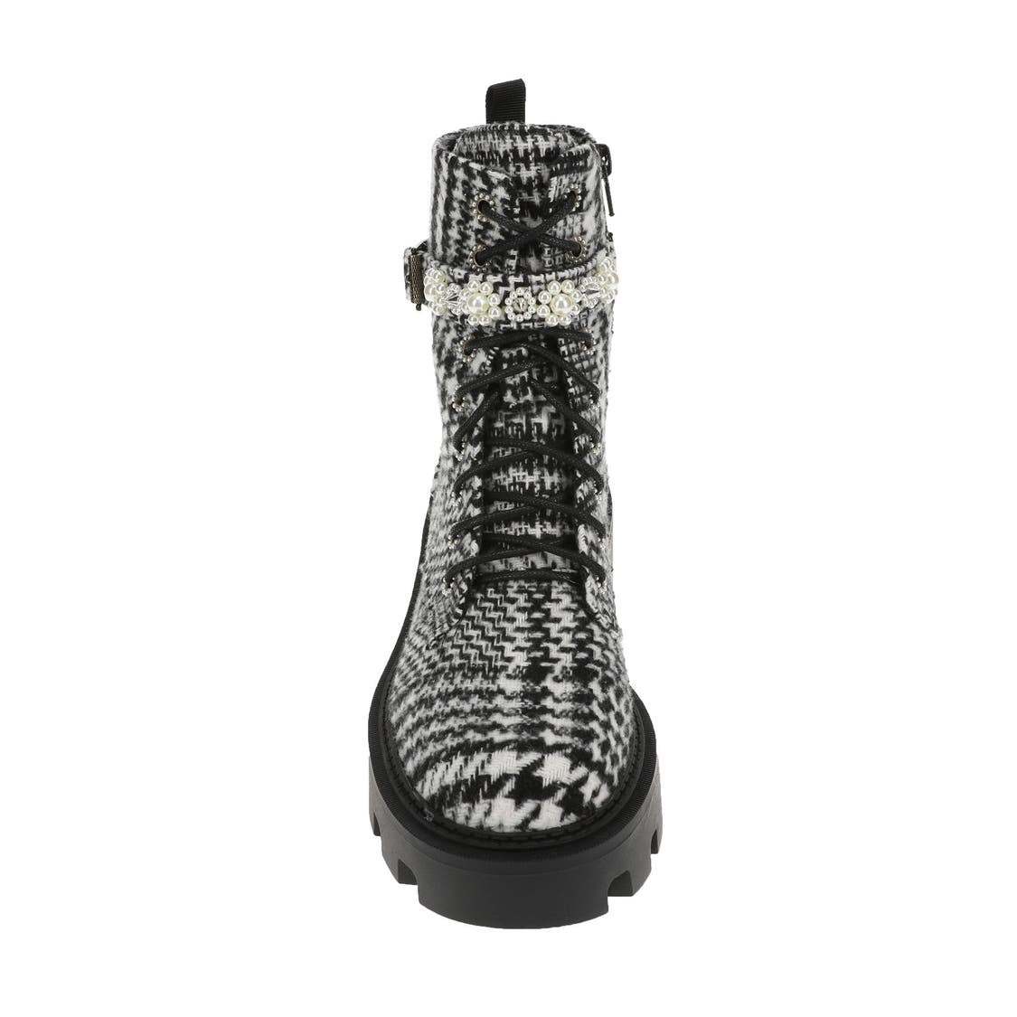 black and white houndstooth style design chunky heeled platform booth with pearl like embellishments on strap. Features side zipper and black shoe laces. Front view