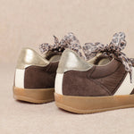 brown and white faux leather sneaker with animal print lace shoe lace detail pair back profile