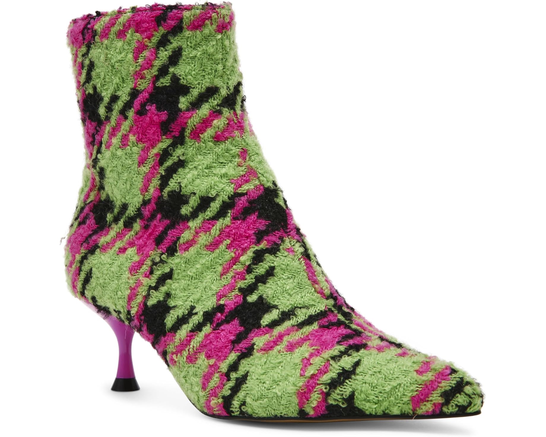 pink, green, and black houndstooth inspired kitten heel bootie by Betsey Johnson with side zipper side profile