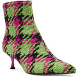 pink, green, and black houndstooth inspired kitten heel bootie by Betsey Johnson with side zipper side profile