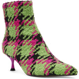 pink, green, and black houndstooth inspired kitten heel bootie by Betsey Johnson with side zipper side profile