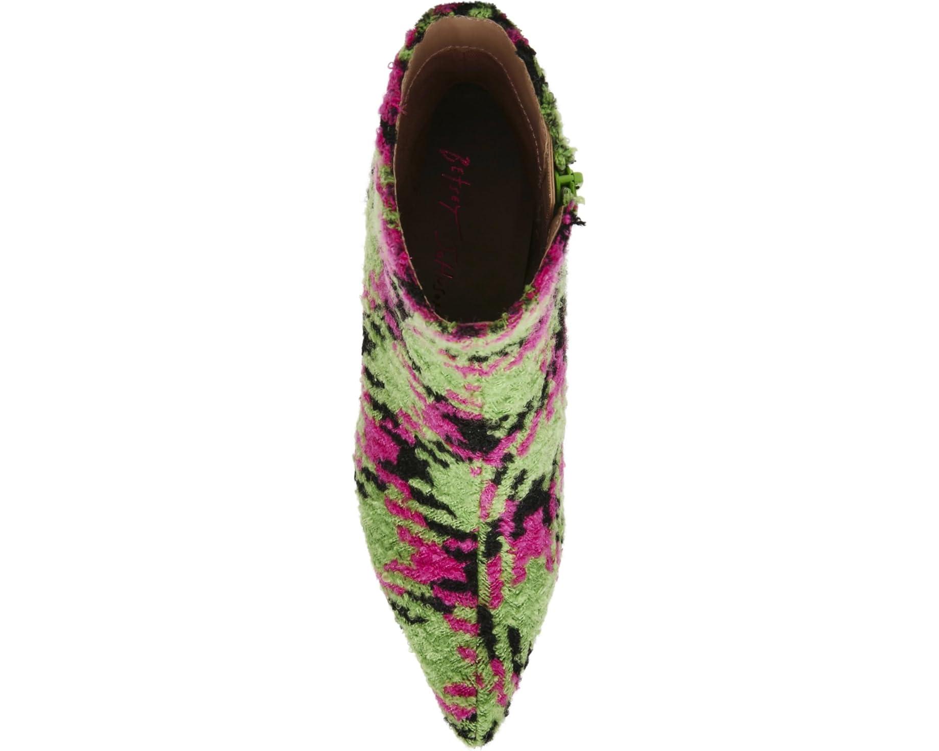 pink, green, and black houndstooth inspired kitten heel bootie by Betsey Johnson with side zipper from top