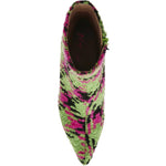 pink, green, and black houndstooth inspired kitten heel bootie by Betsey Johnson with side zipper from top