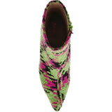 pink, green, and black houndstooth inspired kitten heel bootie by Betsey Johnson with side zipper from top