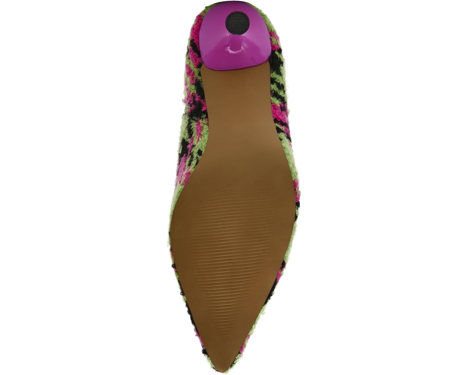 pink, green, and black houndstooth inspired kitten heel bootie by Betsey Johnson with side zipper from bottom