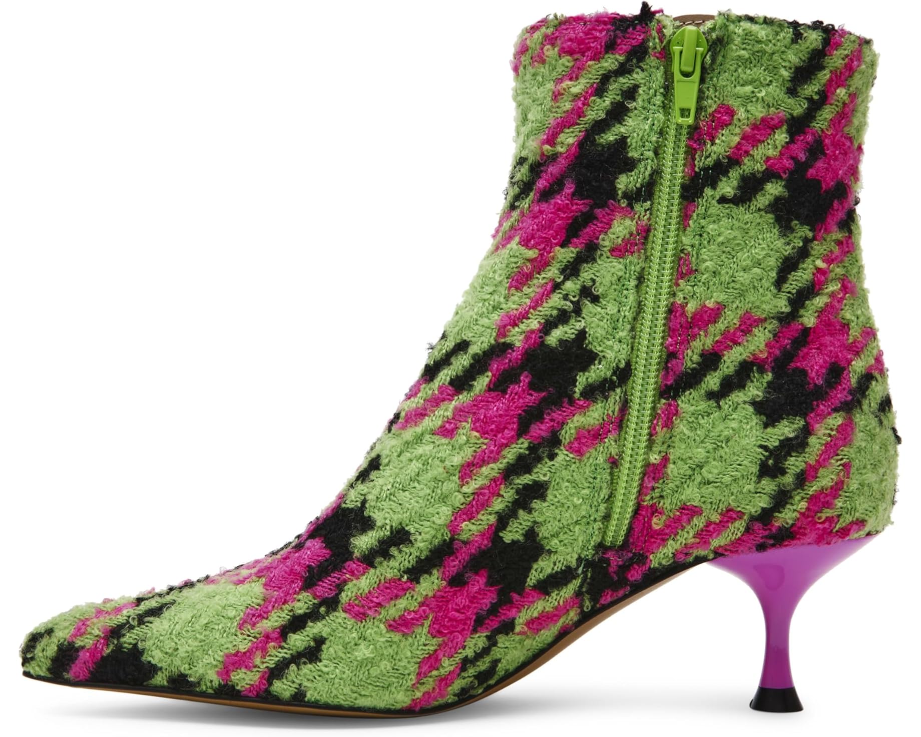 pink, green, and black houndstooth inspired kitten heel bootie by Betsey Johnson with side zipper detail of side zipper