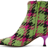 pink, green, and black houndstooth inspired kitten heel bootie by Betsey Johnson with side zipper detail of side zipper