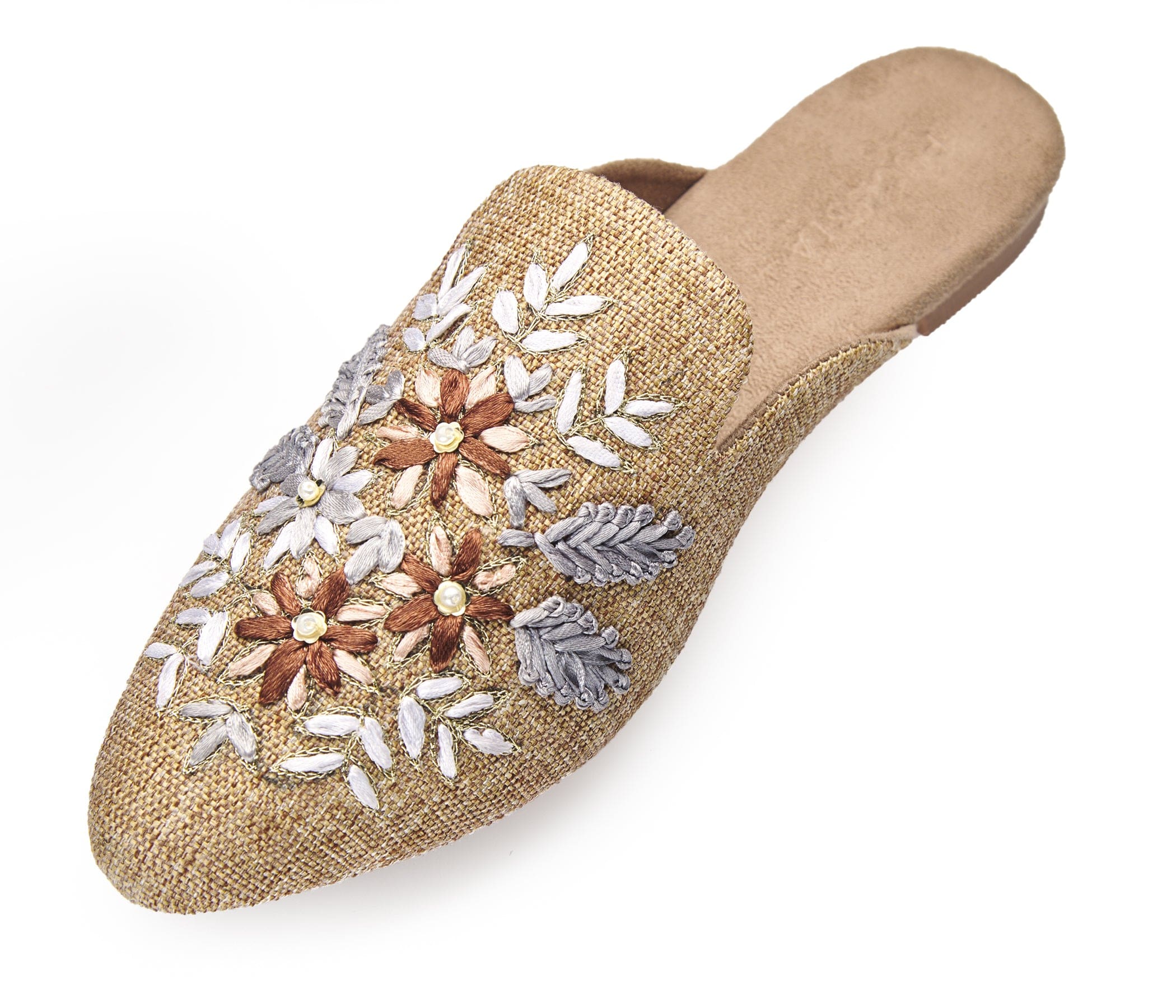 neutral tan colored slide mule with floral ribbon embroidery side profile