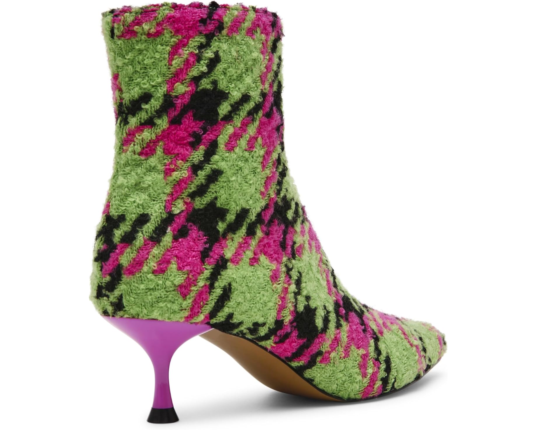 pink, green, and black houndstooth inspired kitten heel bootie by Betsey Johnson with side zipper from back