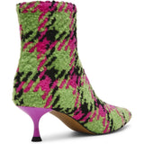 pink, green, and black houndstooth inspired kitten heel bootie by Betsey Johnson with side zipper from back