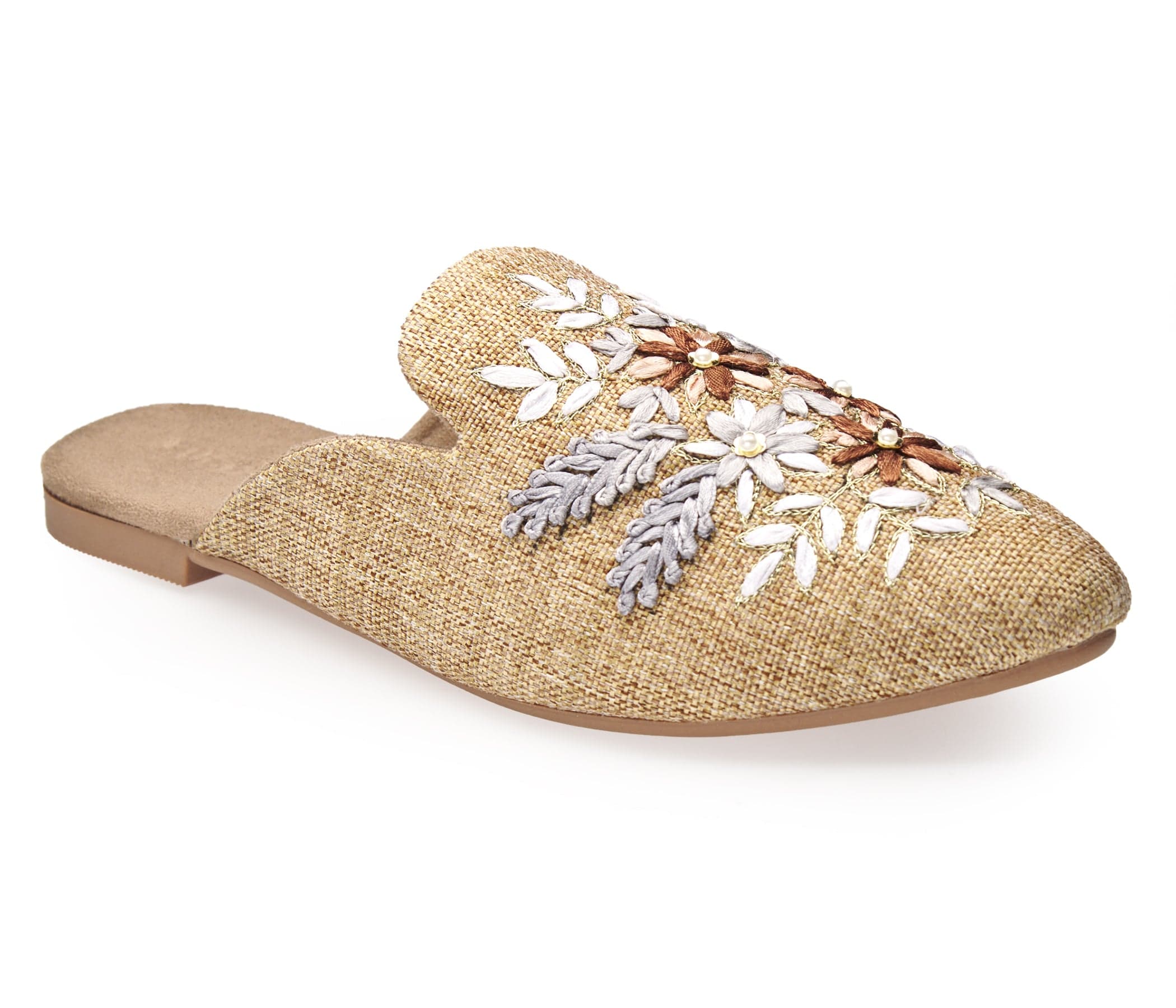 neutral tan colored slide mule with floral ribbon embroidery side front