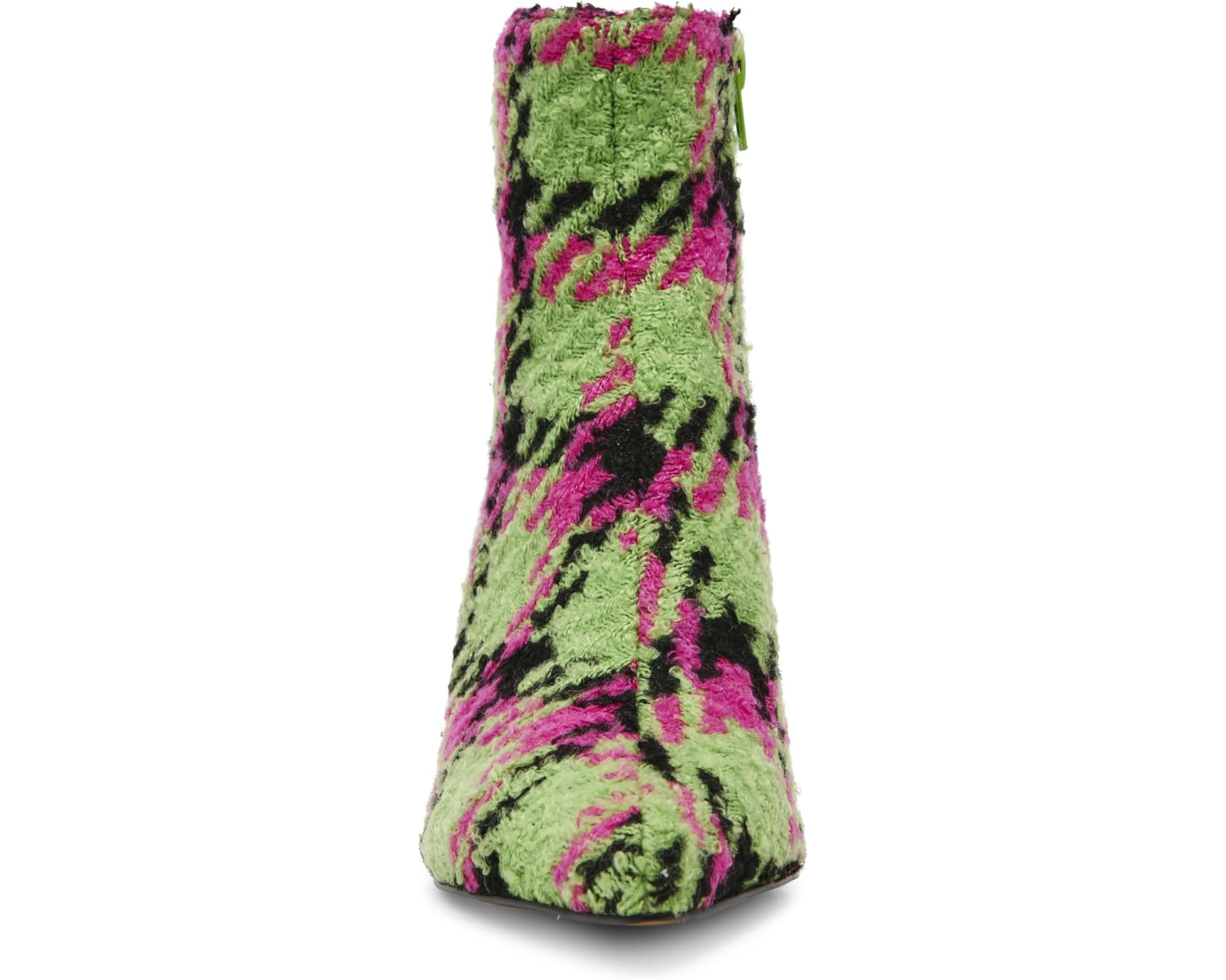 pink, green, and black houndstooth inspired kitten heel bootie by Betsey Johnson with side zipper from front