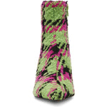 pink, green, and black houndstooth inspired kitten heel bootie by Betsey Johnson with side zipper from front