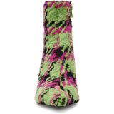pink, green, and black houndstooth inspired kitten heel bootie by Betsey Johnson with side zipper from front