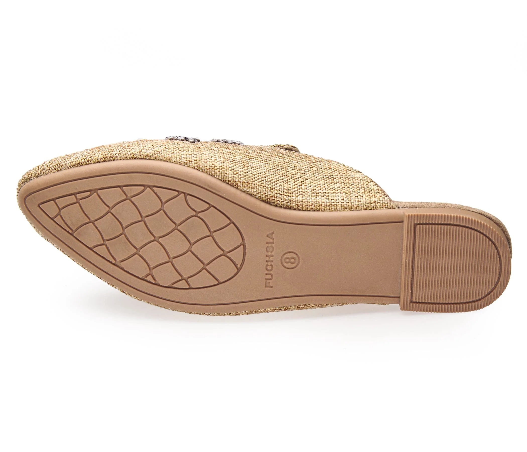 neutral tan colored slide mule with floral ribbon embroidery bottom