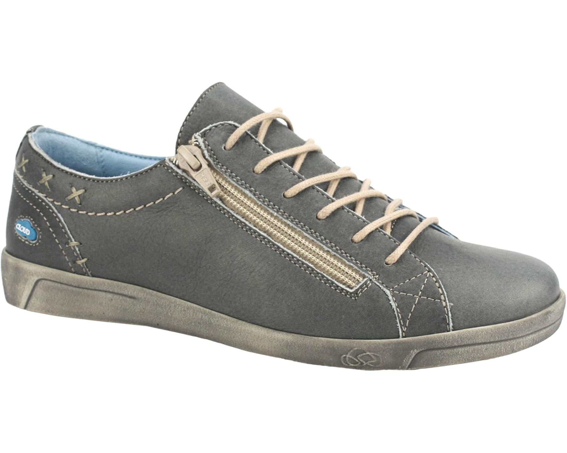 The CLOUD® Aika sneaker in dark grey features an Italian leather upper, contrast stitching, lace-up and side zip closure, round-toe silhouette, and flexible rubber outsole side profile