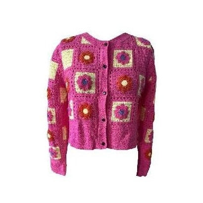Pink crocheted cardigan with a pattern of colorful squares and flowers on a white background
