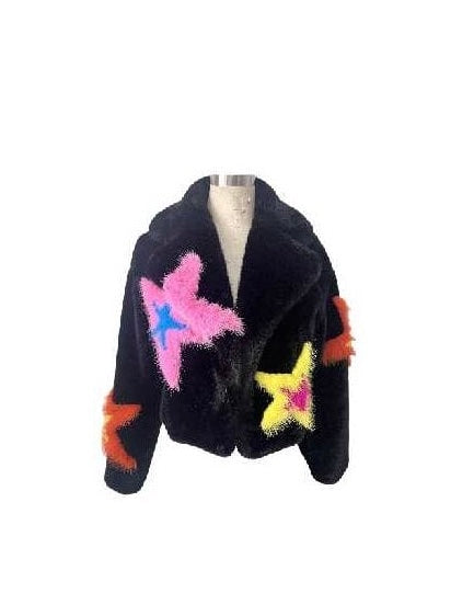 Black fur like jacket with colorful star designs on a white background
