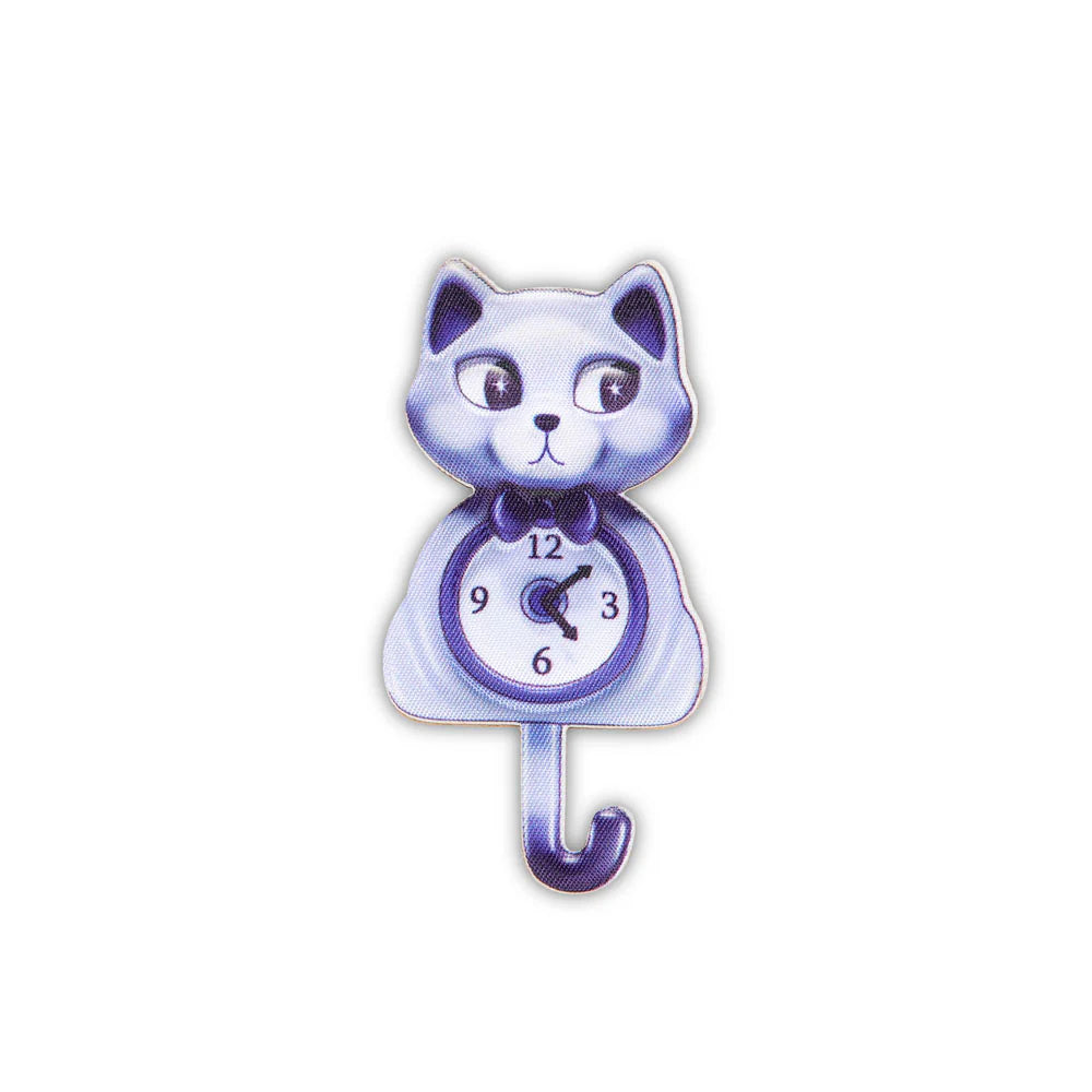 Cat-shaped clock with a white and purple gradient on a white background