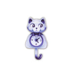 Cat-shaped clock with a white and purple gradient on a white background